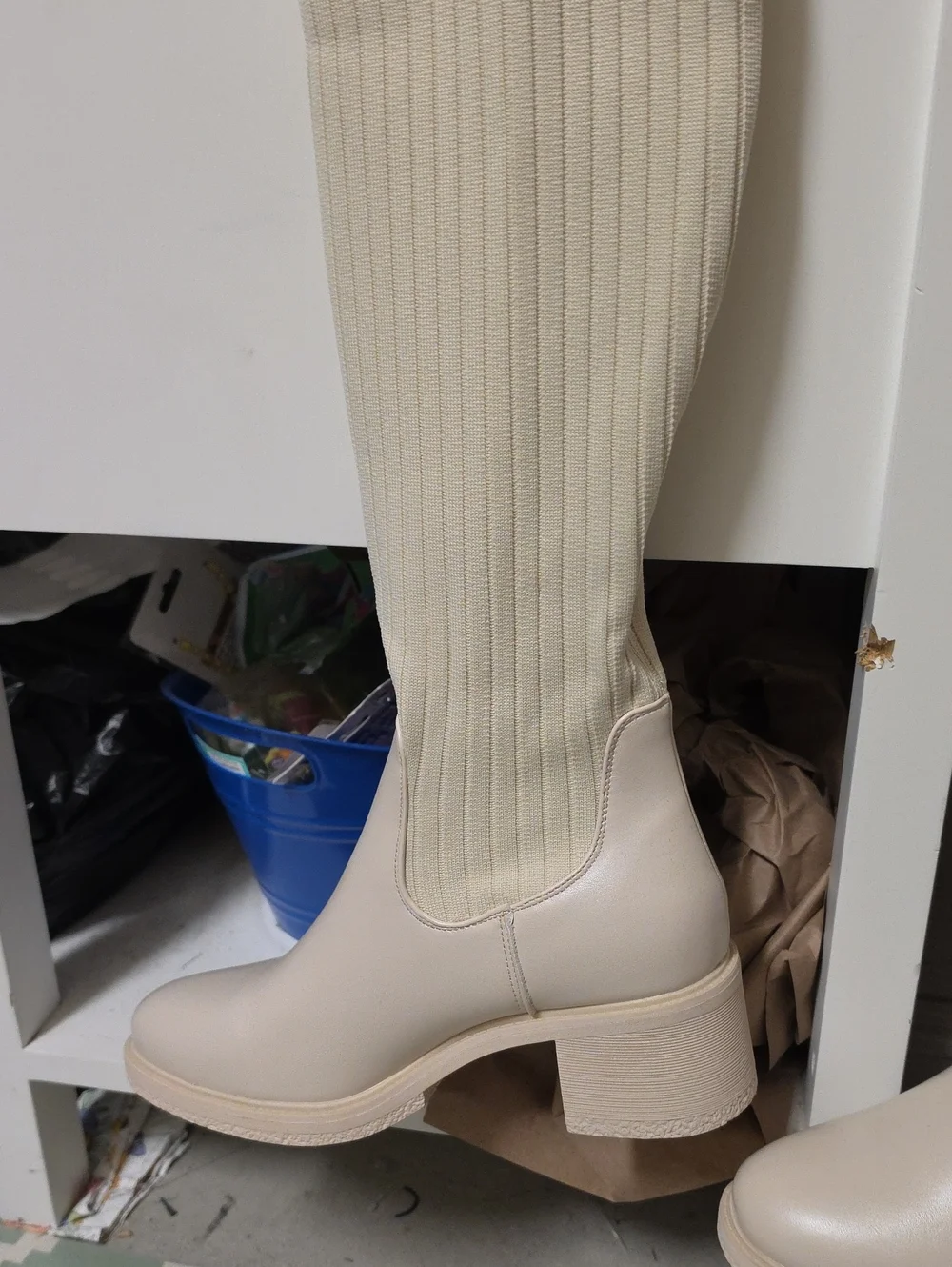 New Over-the-Knee Ribbed Stretch Boots in Cream